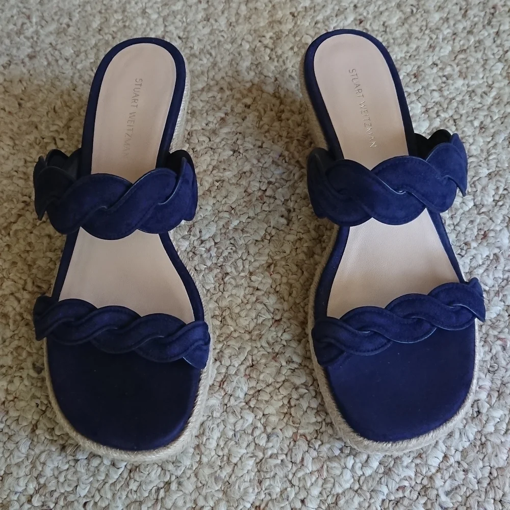 Stuart Weitzman navy Blue Twist Suede  Wedge Sandals size 6.5 - Picture 2 of 13